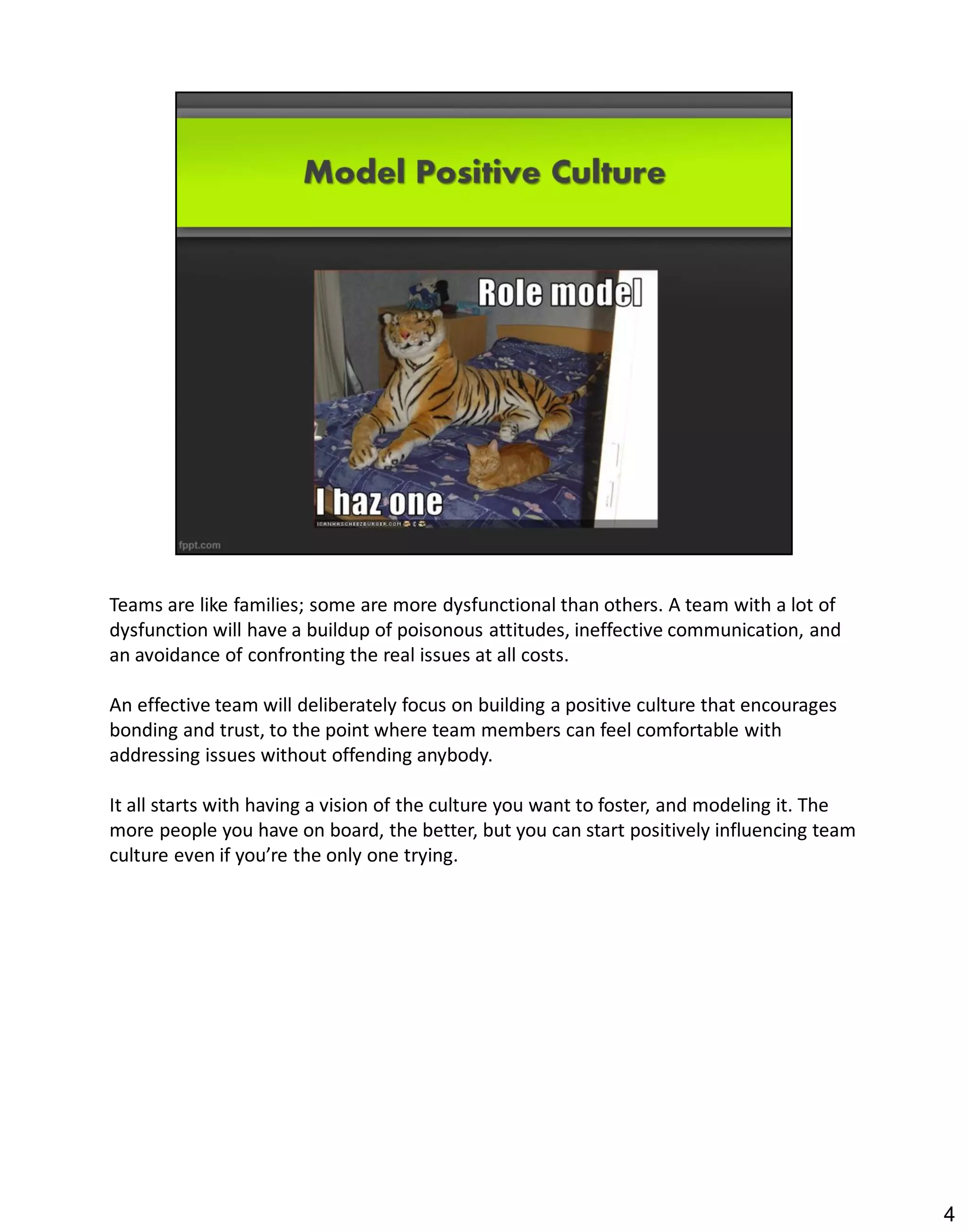 Teams are like families; some are more dysfunctional than others. A team with a lot of
dysfunction will have a buildup of poisonous attitudes, ineffective communication, and
an avoidance of confronting the real issues at all costs.

An effective team will deliberately focus on building a positive culture that encourages
bonding and trust, to the point where team members can feel comfortable with
addressing issues without offending anybody.

It all starts with having a vision of the culture you want to foster, and modeling it. The
more people you have on board, the better, but you can start positively influencing team
culture even if you’re the only one trying.




                                                                                             4
 