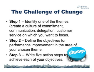 The Challenge of Change
• Step 1 – Identify one of the themes
(create a culture of commitment,
communication, delegation, customer
service on which you want to focus.
• Step 2 – Define the objectives for
performance improvement in the area of
your chosen theme.
• Step 3 – Write five action steps to
achieve each of your objectives.
 