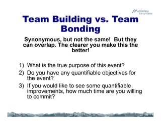 Team Building vs. Team
Bonding
Synonymous, but not the same! But they
can overlap. The clearer you make this the
better!
1) What is the true purpose of this event?
2) Do you have any quantifiable objectives for
the event?
3) If you would like to see some quantifiable
improvements, how much time are you willing
to commit?
 