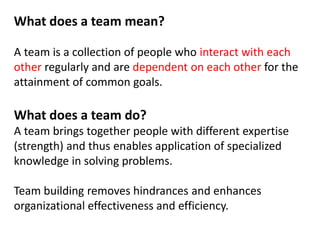 What does a team mean?
A team is a collection of people who interact with each
other regularly and are dependent on each other for the
attainment of common goals.
What does a team do?
A team brings together people with different expertise
(strength) and thus enables application of specialized
knowledge in solving problems.
Team building removes hindrances and enhances
organizational effectiveness and efficiency.
 