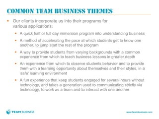 COMMON TEAM BUSINESS THEMES
§  Our clients incorporate us into their programs for
    various applications:
    §  A quick half or full day immersion program into understanding business
    §  A method of accelerating the pace at which students get to know one
        another, to jump start the rest of the program
    §  A way to provide students from varying backgrounds with a common
        experience from which to teach business lessons in greater depth
    §  An experience from which to observe students behavior and to provide
        them with a learning opportunity about themselves and their styles, in a
        'safe' learning environment
    §  A fun experience that keep students engaged for several hours without
        technology, and takes a generation used to communicating strictly via
        technology, to work as a team and to interact with one another




                                                                     www.teambusiness.com
 
