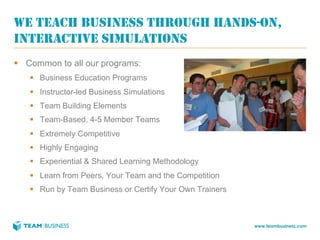 WE TEACH BUSINESS THROUGH HANDS-ON,
INTERACTIVE SIMULATIONS
§  Common to all our programs:
   §  Business Education Programs
   §  Instructor-led Business Simulations
   §  Team Building Elements
   §  Team-Based, 4-5 Member Teams
   §  Extremely Competitive
   §  Highly Engaging
   §  Experiential & Shared Learning Methodology
   §  Learn from Peers, Your Team and the Competition
   §  Run by Team Business or Certify Your Own Trainers



                                                           www.teambusiness.com
 