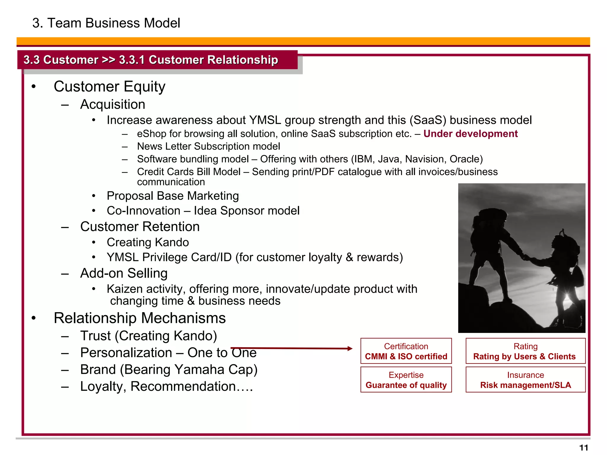 Customer Equity  Acquisition Increase awareness about YMSL group strength and this (SaaS) business model eShop for browsing all solution, online SaaS subscription etc. –  Under development   News Letter Subscription model  Software bundling model – Offering with others (IBM, Java, Navision, Oracle)  Credit Cards Bill Model – Sending print/PDF catalogue with all invoices/business communication  Proposal Base Marketing  Co-Innovation – Idea Sponsor model Customer Retention Creating Kando  YMSL Privilege Card/ID (for customer loyalty & rewards) Add-on Selling  Kaizen activity, offering more, innovate/update product with  changing time & business needs  Relationship Mechanisms Trust (Creating Kando)  Personalization – One to One Brand (Bearing Yamaha Cap) Loyalty, Recommendation….  Certification CMMI & ISO certified Expertise Guarantee of quality Rating Rating by Users & Clients  Insurance Risk management/SLA 3.3 Customer >> 3.3.1 Customer Relationship  3. Team Business Model  