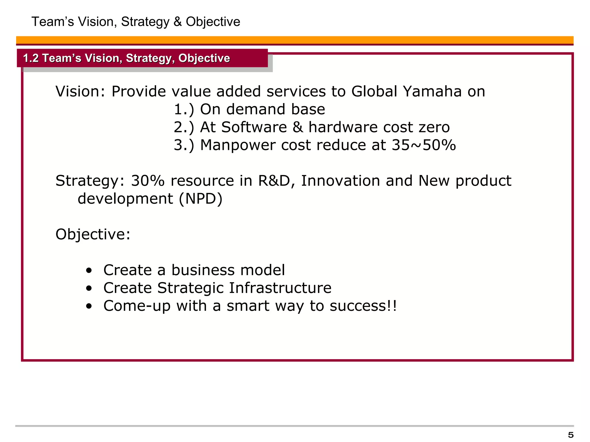 Team’s Vision, Strategy & Objective  Vision: Provide value added services to Global Yamaha on 1.) On demand base 2.) At Software & hardware cost zero 3.) Manpower cost reduce at 35~50%  Strategy: 30% resource in R&D, Innovation and New product development (NPD)  Objective:  Create a business model Create Strategic Infrastructure Come-up with a smart way to success!!  1.2 Team’s Vision, Strategy, Objective   