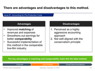 There are advantages and disadvantages to this method. Saturday, February 12, 2011 RCAS Case Competition The key advantages in matching and comparability make this the ideal method. Issue #1: Accounting for Pre-Production Costs Improved  matching  of revenues and expenses Smoothens out earnings for better  comparability Successful implementation of this method in the comparable live-film industry. Advantages Perceived as a highly aggressive accounting approach Not well aligned with the conservatism principle Disadvantages 