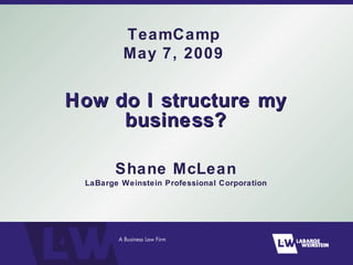 How do I structure my business? Shane McLean LaBarge Weinstein Professional Corporation TeamCamp May 7, 2009 