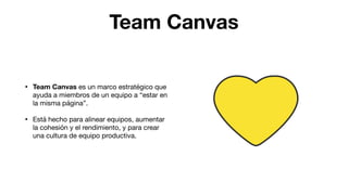 Team Canvas
• Team Canvas es un marco estratégico que
ayuda a miembros de un equipo a “estar en
la misma página”. 

• Está hecho para alinear equipos, aumentar
la cohesión y el rendimiento, y para crear
una cultura de equipo productiva.
 