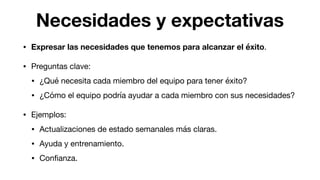 Necesidades y expectativas
• Expresar las necesidades que tenemos para alcanzar el éxito.

• Preguntas clave:

• ¿Qué necesita cada miembro del equipo para tener éxito?

• ¿Cómo el equipo podría ayudar a cada miembro con sus necesidades?

• Ejemplos:

• Actualizaciones de estado semanales más claras.

• Ayuda y entrenamiento.

• Conﬁanza.
 