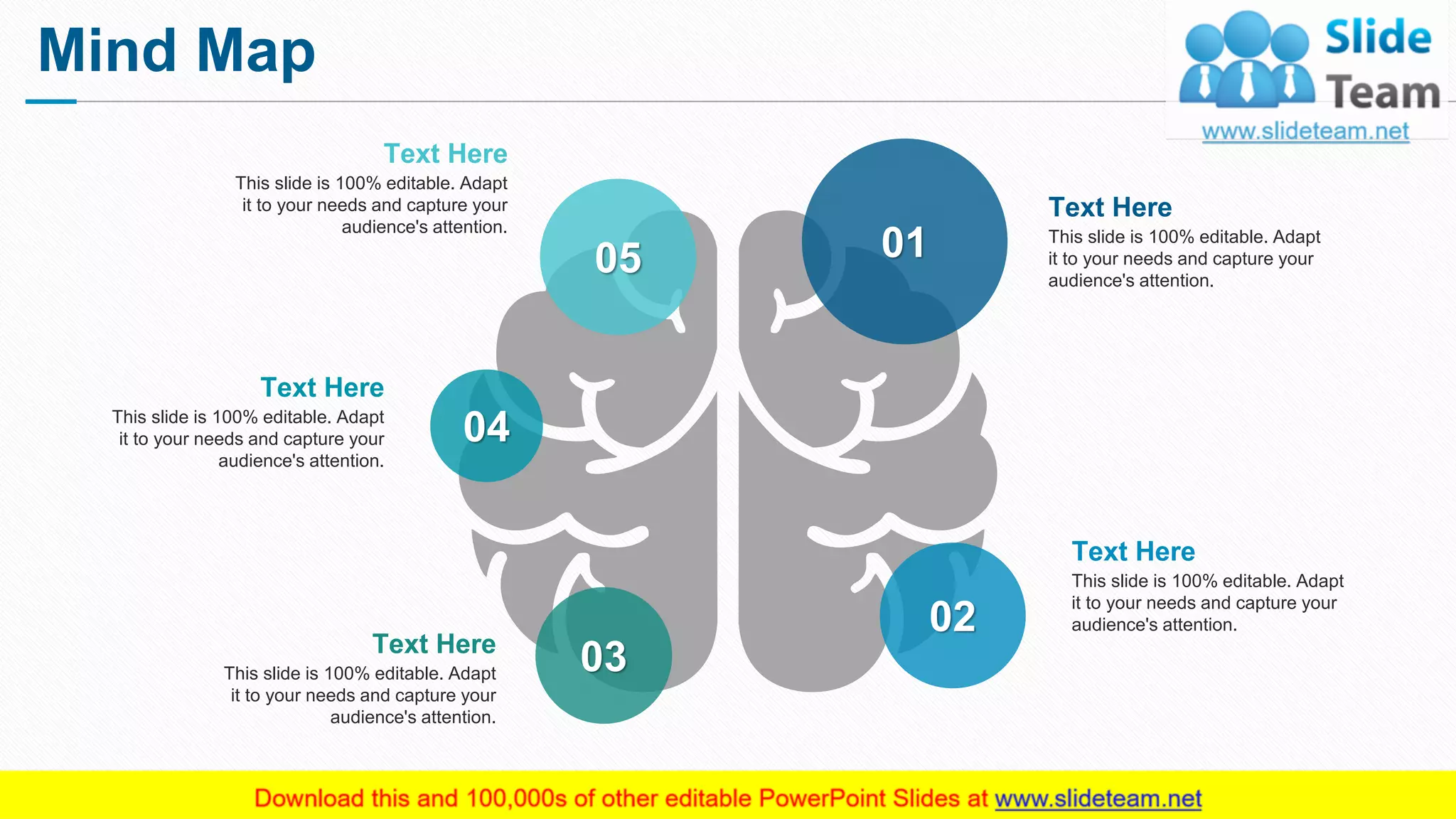 Mind Map
17
01
04
03
02
05
This slide is 100% editable. Adapt
it to your needs and capture your
audience's attention.
Text Here
This slide is 100% editable. Adapt
it to your needs and capture your
audience's attention.
Text Here
This slide is 100% editable. Adapt
it to your needs and capture your
audience's attention.
Text Here
This slide is 100% editable. Adapt
it to your needs and capture your
audience's attention.
Text Here
This slide is 100% editable. Adapt
it to your needs and capture your
audience's attention.
Text Here
 