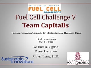 Resilient Oxidation Catalysts for Electrochemical Hydrogen Pump

Final Presentation
May 21, 2013

William A. Rigdon
Diana Larrabee
Xinyu Huang, Ph.D.

 