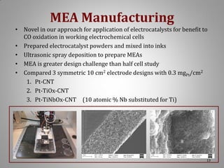 MEA Manufacturing
• Novel in our approach for application of electrocatalysts for benefit to
CO oxidation in working electrochemical cells
• Prepared electrocatalyst powders and mixed into inks
• Ultrasonic spray deposition to prepare MEAs
• MEA is greater design challenge than half cell study
• Compared 3 symmetric 10 cm2 electrode designs with 0.3 mgPt/cm2
1. Pt-CNT
2. Pt-TiOx-CNT
3. Pt-TiNbOx-CNT (10 atomic % Nb substituted for Ti)

13

 