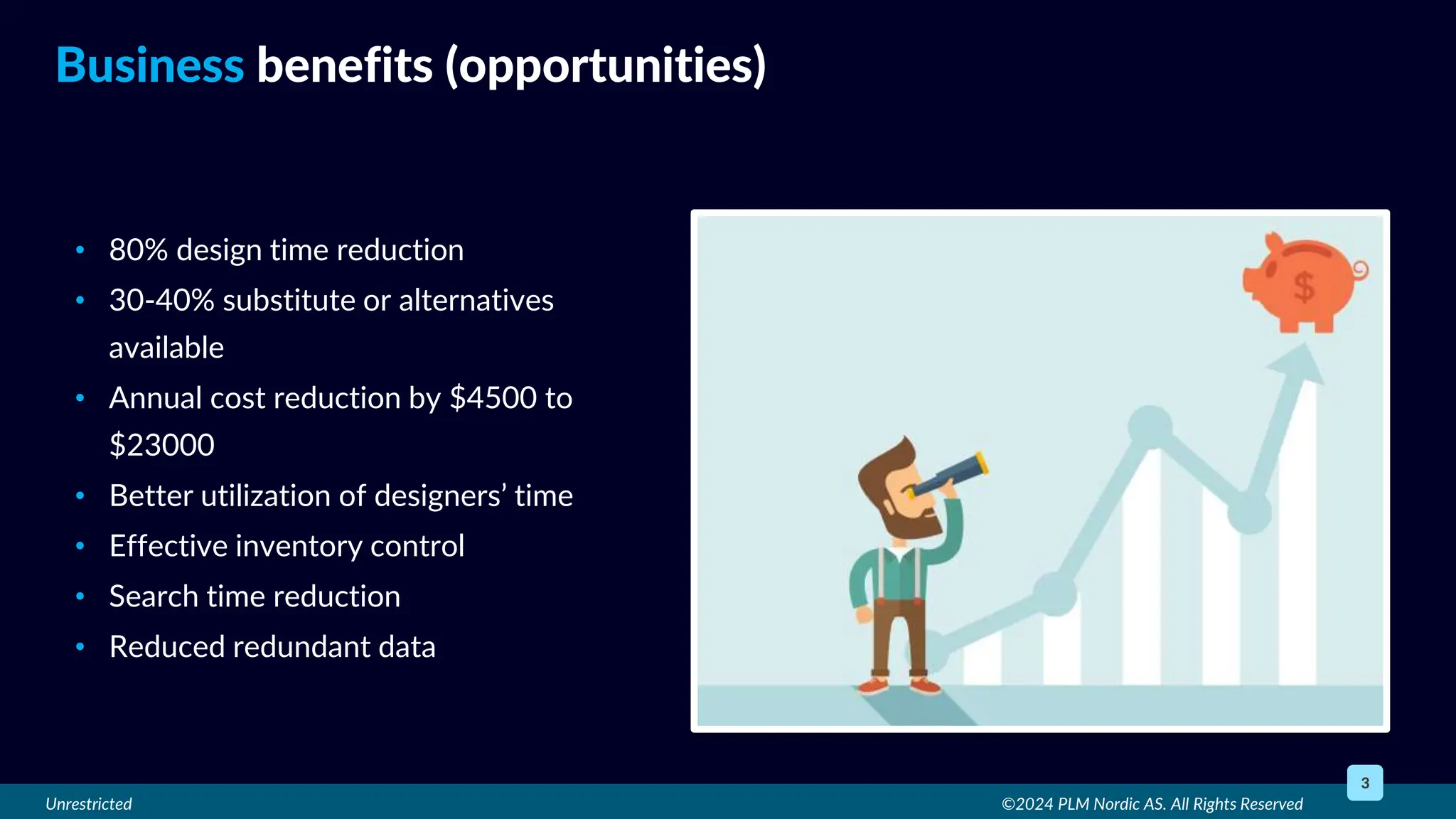 Unrestricted
• 80% design time reduction
• 30-40% substitute or alternatives
available
• Annual cost reduction by $4500 to
$23000
• Better utilization of designers’ time
• Effective inventory control
• Search time reduction
• Reduced redundant data
©2024 PLM Nordic AS. All Rights Reserved
3
Business benefits (opportunities)
 