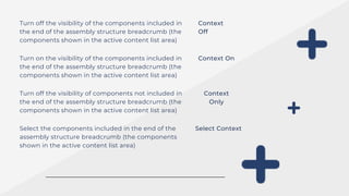 Turn off the visibility of the components included in
the end of the assembly structure breadcrumb (the
components shown in the active content list area)
Context
Off
Turn on the visibility of the components included in
the end of the assembly structure breadcrumb (the
components shown in the active content list area)
Context On
Turn off the visibility of components not included in
the end of the assembly structure breadcrumb (the
components shown in the active content list area)
Context
Only
Select the components included in the end of the
assembly structure breadcrumb (the components
shown in the active content list area)
Select Context
 