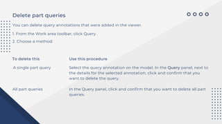 Delete part queries
You can delete query annotations that were added in the viewer.
1. From the Work area toolbar, click Query .
2. Choose a method:
To delete this Use this procedure
A single part query
All part queries
Select the query annotation on the model. In the Query panel, next to
the details for the selected annotation, click and confirm that you
want to delete the query.
In the Query panel, click and confirm that you want to delete all part
queries.
 