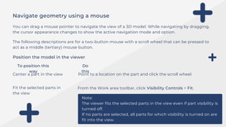 Navigate geometry using a mouse
You can drag a mouse pointer to navigate the view of a 3D model. While navigating by dragging,
the cursor appearance changes to show the active navigation mode and option.
The following descriptions are for a two-button mouse with a scroll wheel that can be pressed to
act as a middle (tertiary) mouse button.
Position the model in the viewer
To position this
way
Do
this
Center a part in the view
Fit the selected parts in
the view
Point to a location on the part and click the scroll wheel.
From the Work area toolbar, click Visibility Controls > Fit.
Note:
The viewer fits the selected parts in the view even if part visibility is
turned off.
If no parts are selected, all parts for which visibility is turned on are
fit into the view.
 
