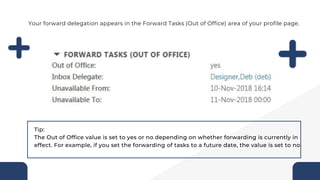 Your forward delegation appears in the Forward Tasks (Out of Office) area of your profile page.
Tip:
The Out of Office value is set to yes or no depending on whether forwarding is currently in
effect. For example, if you set the forwarding of tasks to a future date, the value is set to no.
 