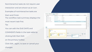 Noninteractive tasks do not require user
interaction and are shown as an icon.
Examples of noninteractive tasks are
Start and Finish.
The workflow task summary displays the
most recent task first.
Tip:
You can edit the DUE DATE and
COMMENTS fields in the task table by
clicking Edit Start Edit
on the primary toolbar.
Click Edit , again, to save or cancel your
changes
 