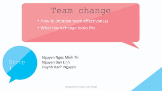 Team change
• How to improve team effectiveness
• What team change looks like
Management of Change- Team Change 1
Nguyen Ngoc Minh Tri
Nguyen Duy Linh
Huynh Hanh Nguyen
Group
1
 