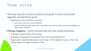 Team roles
• The best way for a team to achieve its goals is to be structured
logically around those goals
• Individual team members need to
• have clear roles and accountabilities
• understanding of both what their individual role and the roles and accountabilities of
other team members .
• Change happens - clarity around role has two useful functions
• provides a clear sense of purpose
• provides a supportive framework for task accomplishment
• Downside: situation becomes more fluid => the rigidity results in the task
falling down the gaps between roles
Management of Change- Team Change 7
 