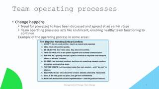 Team operating processes
• Change happens
• Need for processes to have been discussed and agreed at an earlier stage
• Team operating processes acts like a lubricant, enabling healthy team functioning to
continue
Example of the operating process in some areas:
Management of Change- Team Change 9
 