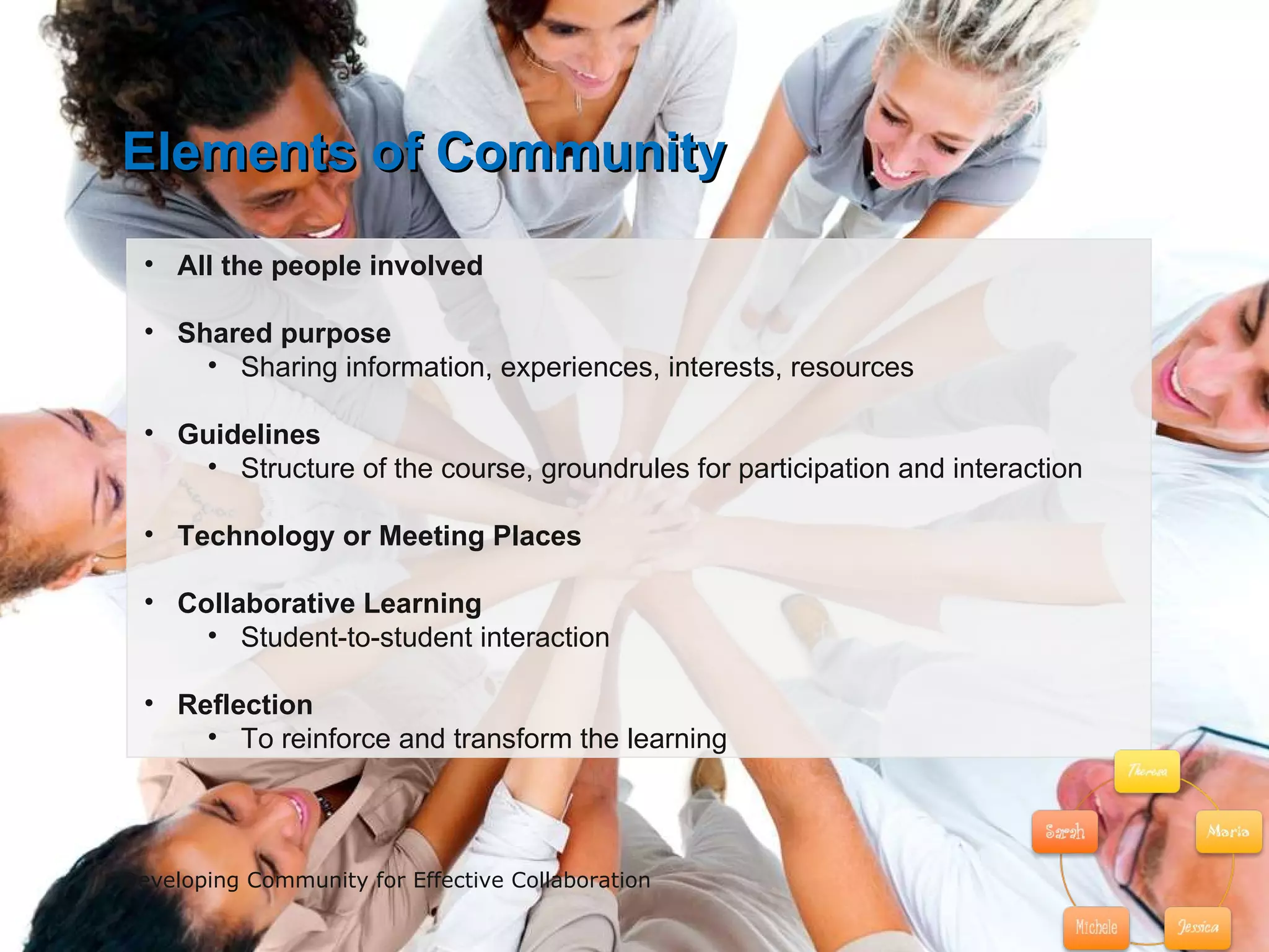 Developing Community for Effective Collaboration All the people involved Shared purpose Sharing information, experiences, interests, resources Guidelines Structure of the course, groundrules for participation and interaction Technology or Meeting Places Collaborative Learning Student-to-student interaction Reflection To reinforce and transform the learning Elements of Community 