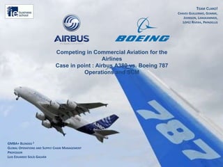 GMBA+ BLENDED 2
GLOBAL OPERATIONS AND SUPPLY CHAIN MANAGEMENT
PROFESSOR
LUIS EDUARDO SOLÍS GALVÁN
TEAM CLARO!
CHAVES GUILLERMO, GOMME,
JOHNSON, LANGKAMMER,
LÓPEZ RIVERA, PAPADELLIS
Competing in Commercial Aviation for the
Airlines
Case in point : Airbus A380 vs. Boeing 787
Operations and SCM
 