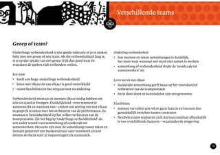 TekstMastering the Mystery
15
Groep of team?
Verschillende teams
Onderlinge verbondenheid is een goede indicatie of je te maken
hebt met een groep of een team. Als die verbondenheid laag is,
is er eerder sprake van een groep. Kijk dus goed waar én
waardoor de spelers zich verbonden voelen.
Een team
• heeft een hoge onderlinge verbondenheid
• leren met elkaar én van elkaar is goed ontwikkeld
• toont flexibiliteit in het omgaan met verandering
Verbondenheid ontstaat als mensen elkaar nodig hebben om
iets tot stand te brengen. Duidelijkheid - over wanneer je
samenwerkt en wanneer niet - creëert een setting om met elkaar
in gesprek te raken over het verbeteren van de performance. Zo
ontstaat er betrokkenheid op het willen verbeteren van de
teamprestatie. Zie het begrip ‘onderlinge verbondenheid’ als
een ander woord voor samenhang of noodzaak tot
samenwerken. Het eens zijn over de samenhang tussen taken en
mensen genereert een basisstructuur voor teamwerk en kan
dienen als focus voor je inspanningen als teamcoach.
Onderlinge verbondenheid
• hoe mensen en taken samenhangen is duidelijk,
het team weet wanneer wel en/of niet samen te werken
• samenhang of verbondenheid drukt de ‘noodzaak tot
samenwerken’ uit
Leren met én van elkaar
• duidelijke samenhang geeft focus op het voortdurend
verbeteren van de teamprestatie
• leren door doen en kennisdelen zijn een gewoonte
Flexibiliteit
• mensen vervullen een rol en geen functie en kunnen dus
gemakkelijk switchen tussen contexten
• flexibele teams realiseren zich dat hun resultaat afhankelijk
is van verschillende factoren – waaronder de omgeving
 