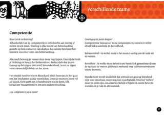 TekstMastering the Mystery
27
Competentie
Verschillende teams
Waar zit de verbetering?
Afhankelijk van de competentie is er behoefte aan sturing of
ruimte in een team. Sturing is elke vorm van beïnvloeding
gericht op het realiseren van doelen. En ruimte betekent het
loslaten van elke vorm van beïnvloeding.
Als coach beweeg je tussen deze twee begrippen. Enerzijds biedt
je richting en hou je het beheersbaar.Anderzijds doe je een
beroep op het eigen initiatief, betrokkenheid, inzet en eigen
verantwoordelijkheid van het team.
Het model van Hersey en Blanchard biedt houvast als het gaat
om het inschatten van je teamleden, je totale team en jouw rol
als coach. Ook geeft het je handvatten wat te doen. Elk
kwadrant vraagt immers om een andere invulling.
Hoe competent is jouw team?
Coach je op de juiste dingen?
Competentie bestaat uit twee componenten; kunnen en willen
ofwel bekwaamheid en bereidheid.
Bekwaamheid - in welke mate is het team vaardig om de taak uit
te voeren.
Bereidheid - in welke mate is het team bereid (of gemotiveerd) om
de taak uit te voeren.Dithoudt verband met zelfvertrouwen om
iets te kunnen.
Steeds meer wordt duidelijk dat attitude en gedrag bepalend
zijn voor resultaat, meer nog dan vaardigheid. Dus het ‘willen’
moet in orde zijn, om daadwerkelijk te leren en steeds beter te
worden in je vak én als teamlid.
 
