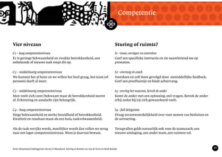 TekstMastering the Mystery
29
Vier niveaus
Competentie
C1 – laag competentieniveau
Er is geringe bekwaamheid en zwakke betrokkenheid, een
onbekende of nieuwe taak roept dit op.
C2 – middelmatig competentieniveau
We kunnen het al beter en we willen het heel graag, het team (of
persoon) durft al meer.
C3 – middelmatig competentieniveau
Men voelt zich (zeer) bekwaam maar de betrokkenheid neemt
af. Erkenning en aandacht zijn belangrijk.
C4 – hoog competentieniveau
Hoge bekwaamheid en sterke bereidheid of betrokkenheid.
Kwaliteit en resultaat staan als een huis, taakvolwassenheid.
Als de taak verrijkt wordt, moeilijker wordt dan vallen we terug
naar een lager competentieniveau. Wees je daarvan bewust.
S1 - stuur, corrigeer en controleer
Geef een specifieke instructie en zie nauwlettend toe op
prestaties.
S2 - overtuig en coach
Voordoen en zelf doen gevolgd door onmiddellijke feedback.
Geef een proeftuintje en biedt achtervang.
S3 - overleg het waarom, betrek de ander
Komt de ander met een oplossing, stel vragen. Betrek de ander
erbij zodat hij/zij zich gewaardeerd voelt.
S4 - full delegation
Draag verantwoordelijkheid over voor nemen van besluiten en
de uitvoering.
Terugvallen geldt natuurlijk ook voor de teamcoach; een
nieuwe uitdaging, een ander team, een ruimere rol.
Bron: Situationeel leidinggeven; Hersey & Blanchard. Sturing en Ruimte Leo van de Vorst en Henk Roelofs
Sturing of ruimte?
 