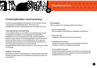 TekstMastering the Mystery
32
Creatief gebruiken van de spanning
Teamdynamica
Net als in een goed gesprek, doorloop je in het worden van een
winnend team verschillende fasen. We starten in de
beleefdheidsfase en komen gaandeweg meer van elkaar te weten.
Nieuwsgierig zijn naar spanning
Na een tijdje worden de verschillen en overeenkomsten tussen
standpunten, belangen en verwachtingen van teamleden
duidelijk. En ervaar je spanning of frictie. Creatieve spanning
helpt een team vooruit.Teamcoaching betekent de frictie in een
groep naar boven halen en creatief gebruiken. Dit vraagt om
nieuwsgierigheid zodat je in de onderzoeksfase terecht komt.
Reactieve spanning zorgt dat je terug valt naar de
beleefdheidsfase. Vooruitkomen en flow ervaren als team vraagt
om dialoog.
Dialoog – twee assen
Dialoog overstijgt het eigen belang en is gericht op gezamenlijk
belang. Dialoog vraagt om een reflectieve houding in plaats van
een reactieve.
Vier deugden
Allevier nodig om in dialoog te blijven met elkaar.
• Maat of temperamentia
Het vermogen om behoeften en neigingen te beheersen.
• Moed of fortitudo
Vurigheid, ambitie of wil om iets te bereiken.
• Zorgvuldigheid of prudentia
Afwegen van goed en slecht, verstandig zijn, gericht op
waarheid, realisme en intellectuele precisie
• Rechtvaardigheid of justitia
Gericht op evenwicht tussen wat ik wil en wat de omgeving
vraagt, belangen kunnen afwegen. Zowel de onderdelen als
het geheel kunnen (over)zien.
 
