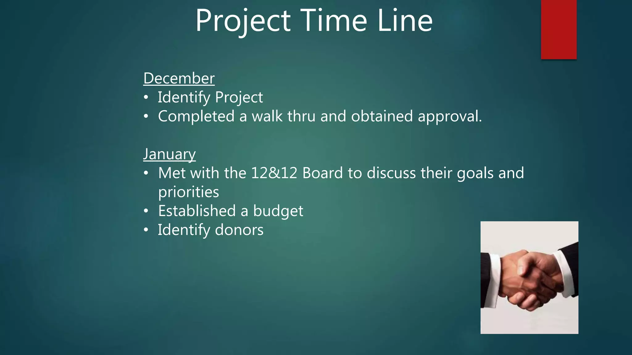 Project Time Line
December
• Identify Project
• Completed a walk thru and obtained approval.
January
• Met with the 12&12 Board to discuss their goals and
priorities
• Established a budget
• Identify donors
 