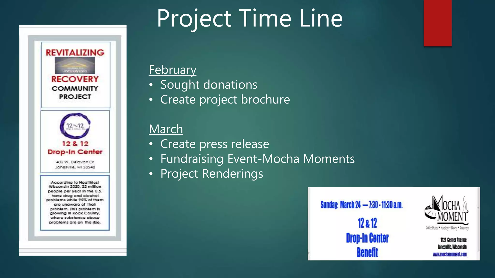 Project Time Line
February
• Sought donations
• Create project brochure
March
• Create press release
• Fundraising Event-Mocha Moments
• Project Renderings
 