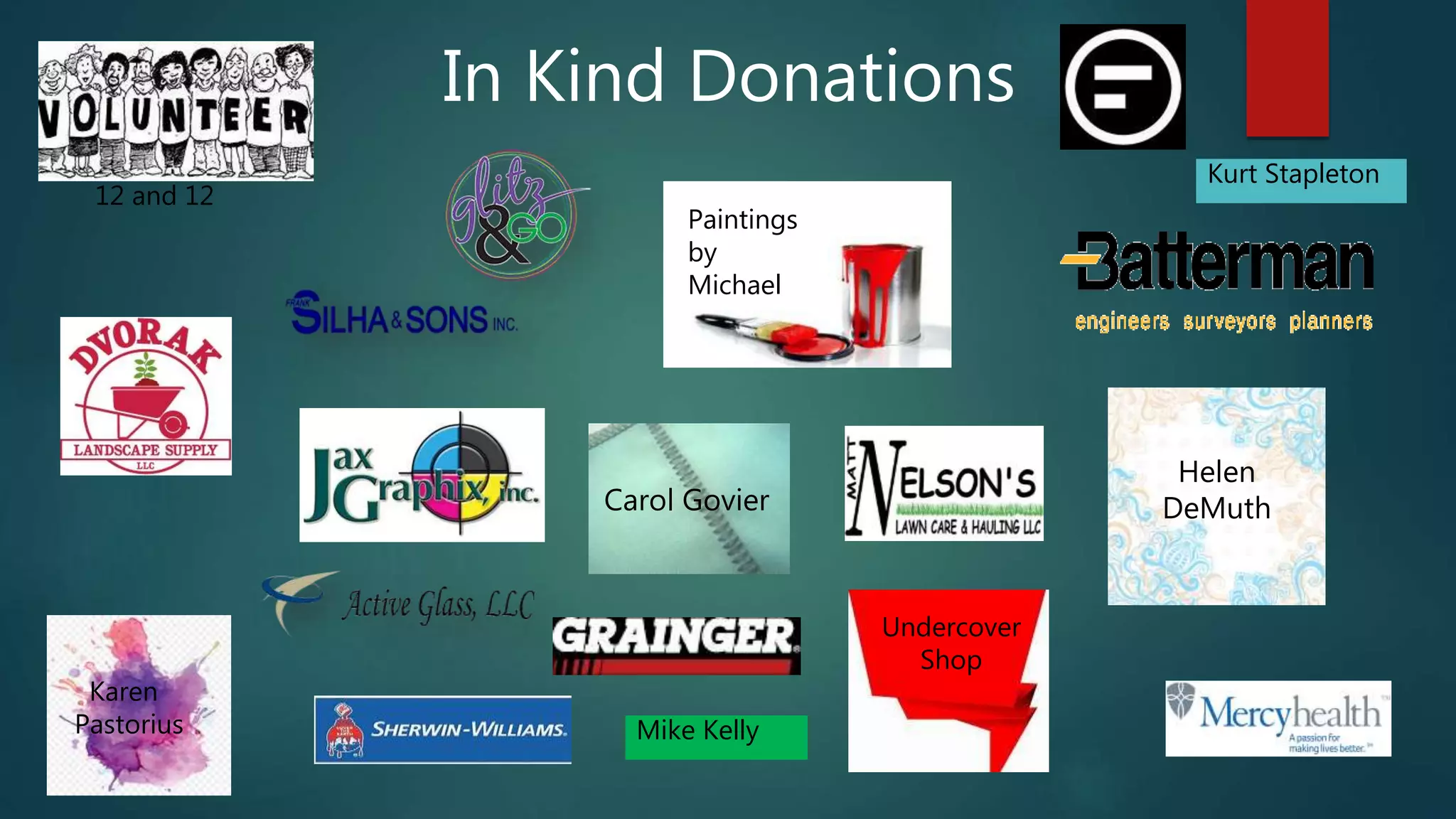 In Kind Donations
Undercover
Shop
Helen
DeMuth
Karen
Pastorius
Carol Govier
Paintings
by
Michael
12 and 12
Kurt Stapleton
Mike Kelly
 