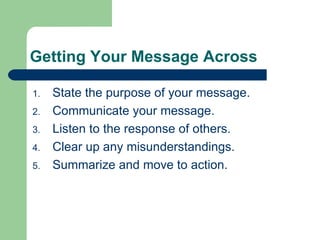 Getting Your Message Across State the purpose of your message. Communicate your message. Listen to the response of others. Clear up any misunderstandings. Summarize and move to action. 
