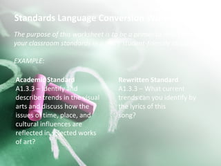 Standards Language Conversion Worksheet The purpose of this worksheet is to be a primer to help you rewrite your classroom standards in a more student-friendly language. EXAMPLE:  Academic Standard A1.3.3 – Identify and describe trends in the visual arts and discuss how the issues of time, place, and cultural influences are reflected in selected works of art? Rewritten Standard A1.3.3 – What current trends can you identify by the lyrics of this song? 