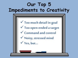 Our Top 5
Impediments to Creativity
Too muchdetail in goal
Too open-ended a target
Command and control
Noisy, stressed mind
Yes, but…
 