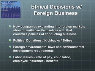 Ethical Decisions w/Ethical Decisions w/
Foreign BusinessForeign Business
New companies expanding into foreign marketsNew ...