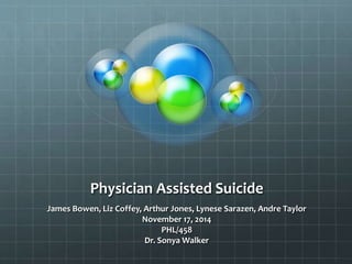 Physician Assisted Suicide 
James Bowen, Liz Coffey, Arthur Jones, Lynese Sarazen, Andre Taylor 
November 17, 2014 
PHL/458 
Dr. Sonya Walker 
 