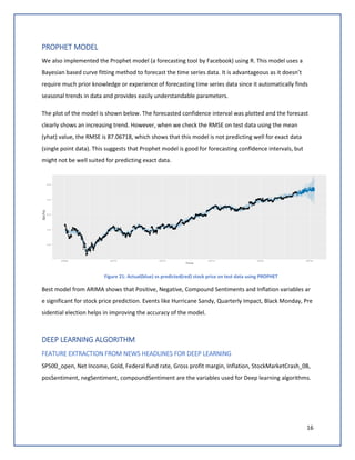 16
PROPHET MODEL
We also implemented the Prophet model (a forecasting tool by Facebook) using R. This model uses a
Bayesian based curve fitting method to forecast the time series data. It is advantageous as it doesn’t
require much prior knowledge or experience of forecasting time series data since it automatically finds
seasonal trends in data and provides easily understandable parameters.
The plot of the model is shown below. The forecasted confidence interval was plotted and the forecast
clearly shows an increasing trend. However, when we check the RMSE on test data using the mean
(yhat) value, the RMSE is 87.06718, which shows that this model is not predicting well for exact data
(single point data). This suggests that Prophet model is good for forecasting confidence intervals, but
might not be well suited for predicting exact data.
Figure 21: Actual(blue) vs predicted(red) stock price on test data using PROPHET
Best model from ARIMA shows that Positive, Negative, Compound Sentiments and Inflation variables ar
e significant for stock price prediction. Events like Hurricane Sandy, Quarterly Impact, Black Monday, Pre
sidential election helps in improving the accuracy of the model.
DEEP LEARNING ALGORITHM
FEATURE EXTRACTION FROM NEWS HEADLINES FOR DEEP LEARNING
SP500_open, Net Income, Gold, Federal fund rate, Gross profit margin, Inflation, StockMarketCrash_08,
posSentiment, negSentiment, compoundSentiment are the variables used for Deep learning algorithms.
 