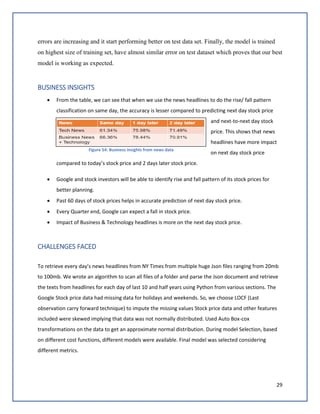 29
errors are increasing and it start performing better on test data set. Finally, the model is trained
on highest size of training set, have almost similar error on test dataset which proves that our best
model is working as expected.
BUSINESS INSIGHTS
• From the table, we can see that when we use the news headlines to do the rise/ fall pattern
classification on same day, the accuracy is lesser compared to predicting next day stock price
and next-to-next day stock
price. This shows that news
headlines have more impact
on next day stock price
compared to today’s stock price and 2 days later stock price.
• Google and stock investors will be able to identify rise and fall pattern of its stock prices for
better planning.
• Past 60 days of stock prices helps in accurate prediction of next day stock price.
• Every Quarter end, Google can expect a fall in stock price.
• Impact of Business & Technology headlines is more on the next day stock price.
CHALLENGES FACED
To retrieve every day’s news headlines from NY Times from multiple huge Json files ranging from 20mb
to 100mb. We wrote an algorithm to scan all files of a folder and parse the Json document and retrieve
the texts from headlines for each day of last 10 and half years using Python from various sections. The
Google Stock price data had missing data for holidays and weekends. So, we choose LOCF (Last
observation carry forward technique) to impute the missing values Stock price data and other features
included were skewed implying that data was not normally distributed. Used Auto Box-cox
transformations on the data to get an approximate normal distribution. During model Selection, based
on different cost functions, different models were available. Final model was selected considering
different metrics.
Figure 54: Business insights from news data
 
