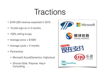 Tractions
? $1M USD revenue expected in 2015
? 10 pilot sign-on in 2 months
? 100% willing to pay
? Average price > $100K
? Average cycle < 2 months
? Partnership:
? Microsoft Azure/Dynamics, Highcloud
? Shunze Gold, iPaynow, Hejun
Consulting, 
 