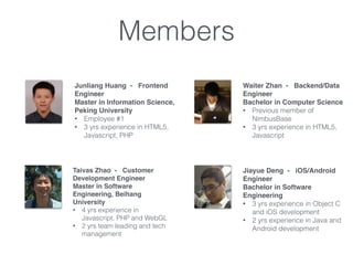 Members
Junliang Huang - Frontend
Engineer
Master in Information Science,
Peking University
? Employee #1
? 3 yrs experience in HTML5,
Javascript, PHP
Taivas Zhao - Customer
Development Engineer
Master in Software
Engineering, Beihang
University
? 4 yrs experience in
Javascript, PHP and WebGL
? 2 yrs team leading and tech
management
Jiayue Deng - iOS/Android
Engineer
Bachelor in Software
Engineering
? 3 yrs experience in Object C
and iOS development
? 2 yrs experience in Java and
Android development
Waiter Zhan - Backend/Data
Engineer
Bachelor in Computer Science
? Previous member of
NimbusBase
? 3 yrs experience in HTML5,
Javascript
 