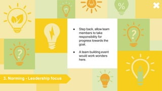 3. Norming - Leadership focus
● Step back, allow team
members to take
responsibility for
progress towards the
goal.
● A team building event
would work wonders
here.
 