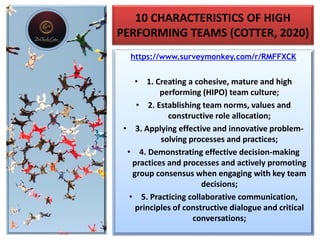 10 CHARACTERISTICS OF HIGH
PERFORMING TEAMS (COTTER, 2020)
https://www.surveymonkey.com/r/RMFFXCK
• 1. Creating a cohesive, mature and high
performing (HIPO) team culture;
• 2. Establishing team norms, values and
constructive role allocation;
• 3. Applying effective and innovative problem-
solving processes and practices;
• 4. Demonstrating effective decision-making
practices and processes and actively promoting
group consensus when engaging with key team
decisions;
• 5. Practicing collaborative communication,
principles of constructive dialogue and critical
conversations;
 