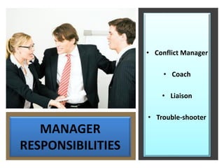MANAGER
RESPONSIBILITIES
• Conflict Manager
• Coach
• Liaison
• Trouble-shooter
 