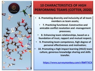 10 CHARACTERISTICS OF HIGH
PERFORMING TEAMS (COTTER, 2020)
• 6. Promoting diversity and inclusivity of all team
members as team assets;
• 7. Practicing functional. Constructive and
amicable conflict resolution and -management
processes;
• 8. Enhancing team relationships, based on a
foundation of trust, rapport and mutual respect;
• 9. Promoting team competence, high degree of
personal effectiveness and motivation;
• 10. Promoting a high impact learning (HILO) team
culture, generous knowledge sharing and skills
transfer.
https://www.surveymonkey.com/r/RMFFXCK
 