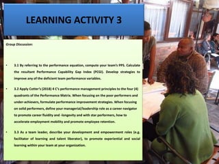 LEARNING ACTIVITY 3
Group Discussion:
• 3.1 By referring to the performance equation, compute your team’s PPS. Calculate
the resultant Performance Capability Gap Index (PCGI). Develop strategies to
improve any of the deficient team performance variables.
• 3.2 Apply Cotter’s (2018) 4 C’s performance management principles to the four (4)
quadrants of the Performance Matrix. When focusing on the poor performers and
under-achievers, formulate performance improvement strategies. When focusing
on solid performers, define your managerial/leadership role as a career navigator
to promote career fluidity and -longevity and with star performers, how to
accelerate employment mobility and promote employee retention.
• 3.3 As a team leader, describe your development and empowerment roles (e.g.
facilitator of learning and talent liberator), to promote experiential and social
learning within your team at your organization.
 