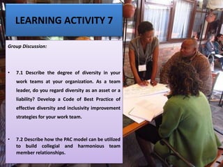 LEARNING ACTIVITY 7
Group Discussion:
• 7.1 Describe the degree of diversity in your
work teams at your organization. As a team
leader, do you regard diversity as an asset or a
liability? Develop a Code of Best Practice of
effective diversity and inclusivity improvement
strategies for your work team.
• 7.2 Describe how the PAC model can be utilized
to build collegial and harmonious team
member relationships.
 