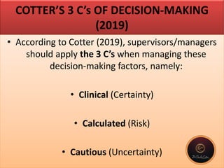 COTTER’S 3 C’s OF DECISION-MAKING
(2019)
• According to Cotter (2019), supervisors/managers
should apply the 3 C’s when managing these
decision-making factors, namely:
• Clinical (Certainty)
• Calculated (Risk)
• Cautious (Uncertainty)
 