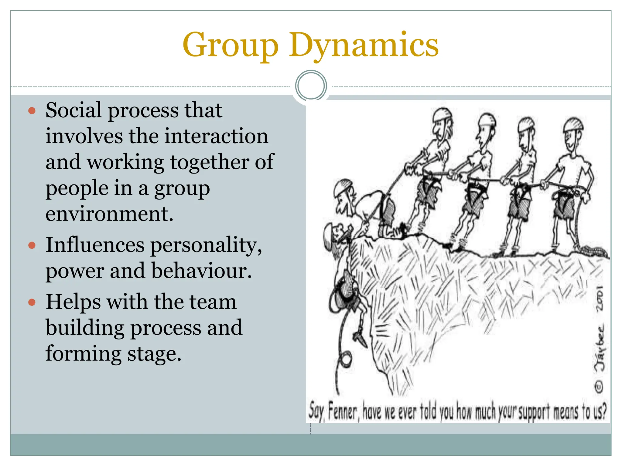 Group Dynamics
 Social process that
involves the interaction
and working together of
people in a group
environment.
 Influences personality,
power and behaviour.
 Helps with the team
building process and
forming stage.
 